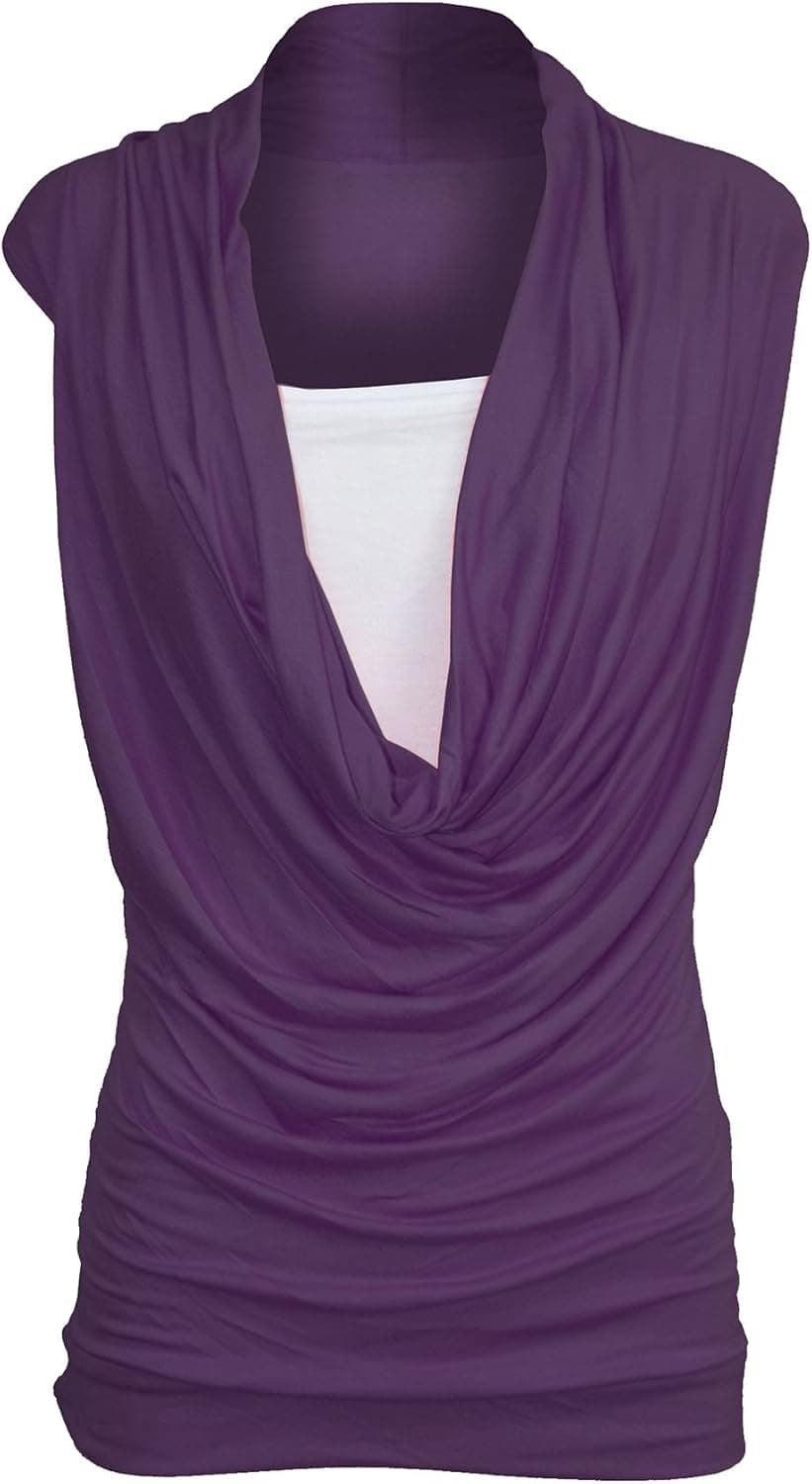 Oops Outlet Women's Ruched Cowl Neck Vest 2 in 1 Sleeveless Jersey Tank Top Plus Size (US 12/14) Purple