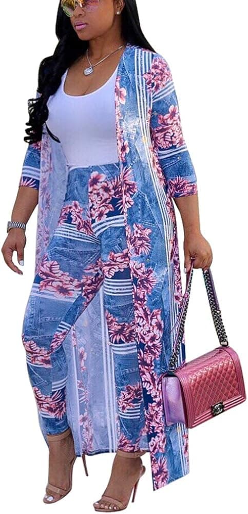 Women's 2 Piece Pants Set - Sexy Long Sleeve Open Front Cardigans+ Skinny Pants Suits