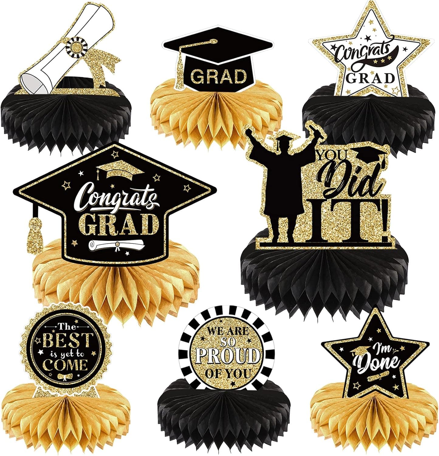 Outus 2021 Graduation Party Decorations Supplies Congrats Grad Honeycomb Centerpieces Congratulate Graduation Table Toppers for Graduation Party Favor Photo Booth Props Black Gold, 8 Pieces