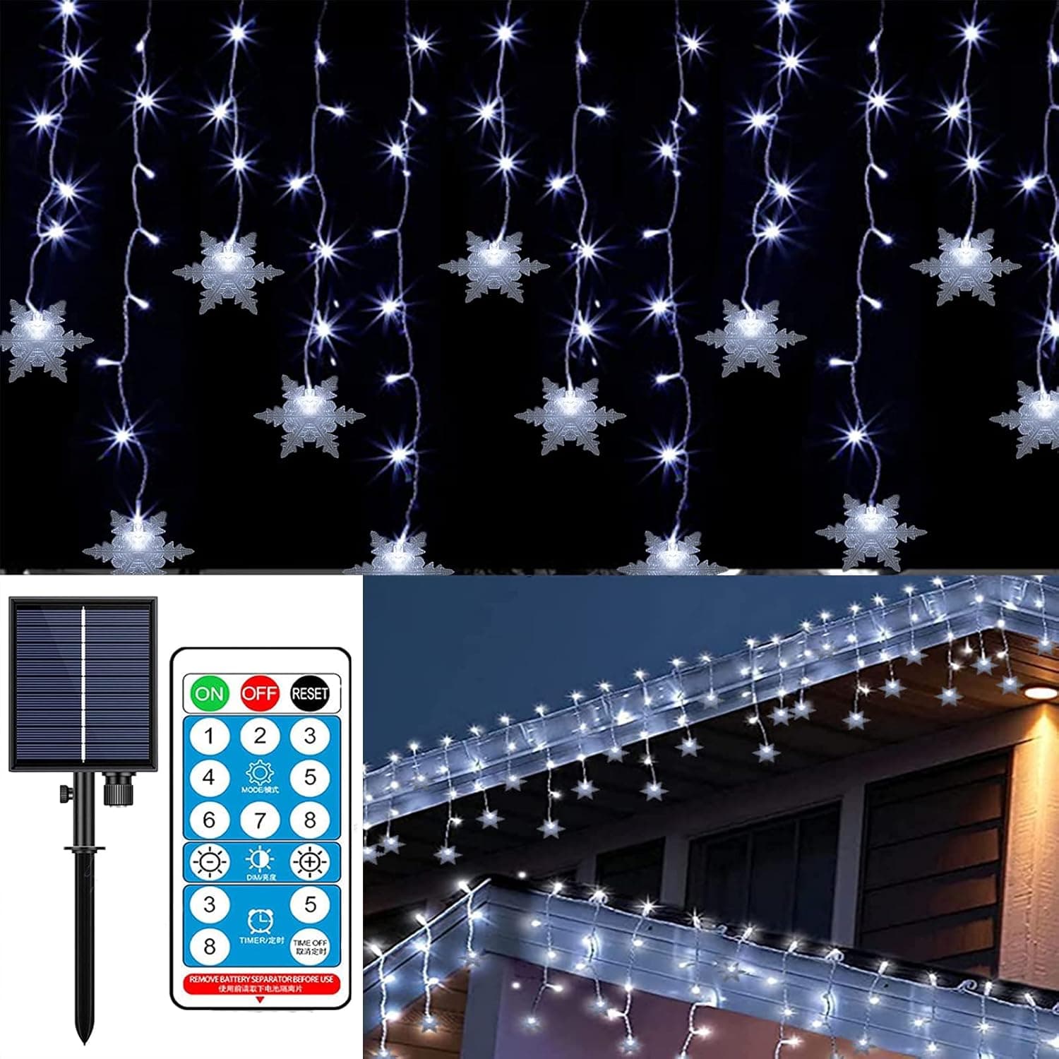 Solar Icicle Lights Outdoor Waterproof, 30-Drop Snowflake Shaped LED Christmas Icicle Lights, 180 LED Fairy Lights with 8 Mode & Timer for Eaves Window Christmas Wedding Party Decorations(White)