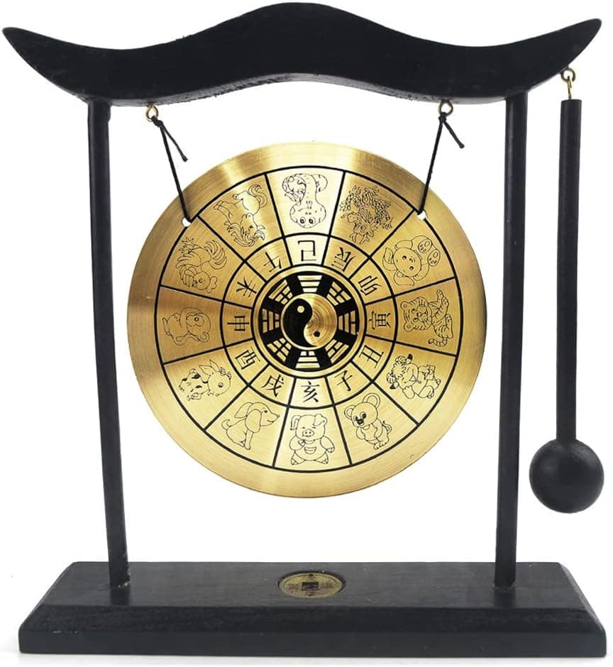 Hooshing Zen Art Brass Feng Shui Desktop Gong with Stand Asian Gong Bell for Home Decoration Chinese Zodiac Signs