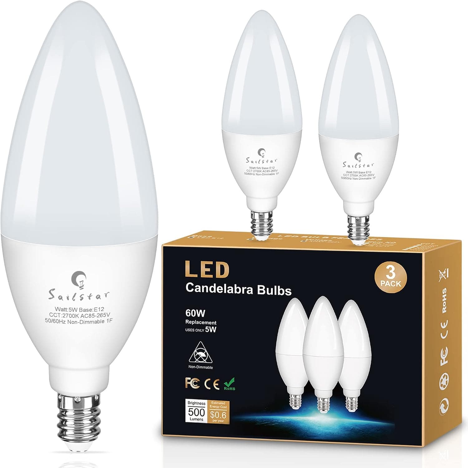 Sailstar E12 LED Bulb 60W Equivalent, 500 Lumens, Ceiling Fan Light Bulbs Soft White 2700K, Type B Light Bulb 5W, CRI 85, B11 Small Base Candelabra LED Light Bulbs, Non-dimmable, Pack of 3