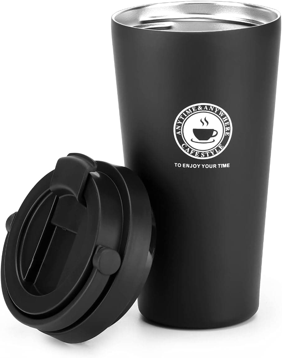 OJOJ 16oz Travel Mug Insulated Tumbler with Leak Proof Lid, Stainless Steel Coffee Cup for Cold and Hot Beverages, Black
