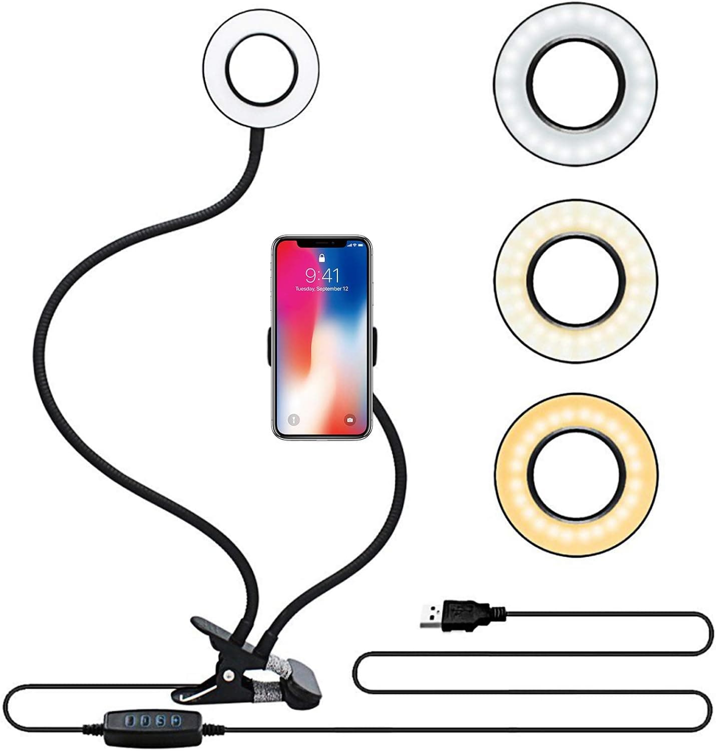 ODOM Clip On Desk Lamp with Phone Holder,3 Color LED Light Modes, Eye Protection for Reading, Live Stream and Makeup, 360 ° Flexible Gooseneck Clip on Reading Lights with Holder (Black)