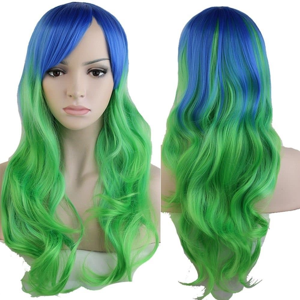 S-noilite Women Long Wavy Curly Ombre Colorful Hair Wig Cosplay Party Costume Full Wigs with Bangs Synthetic Hair Rainbow(24inch/60cm,Blue to Green)