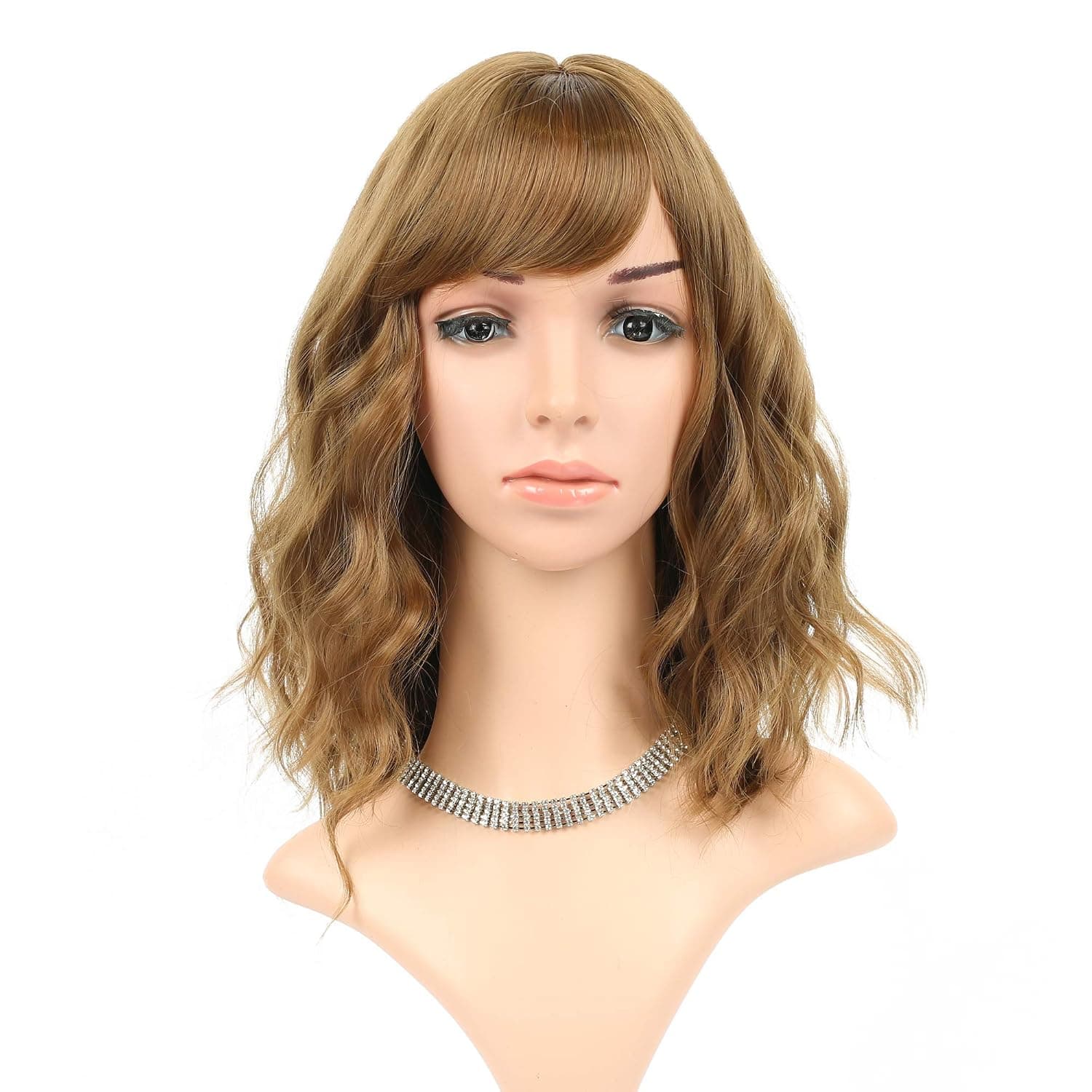 FAELBATY Women's Short Wig With Bangs Bob Curly Wavy Synthetic Cosplay Wig for women Costume Wigs brown Color