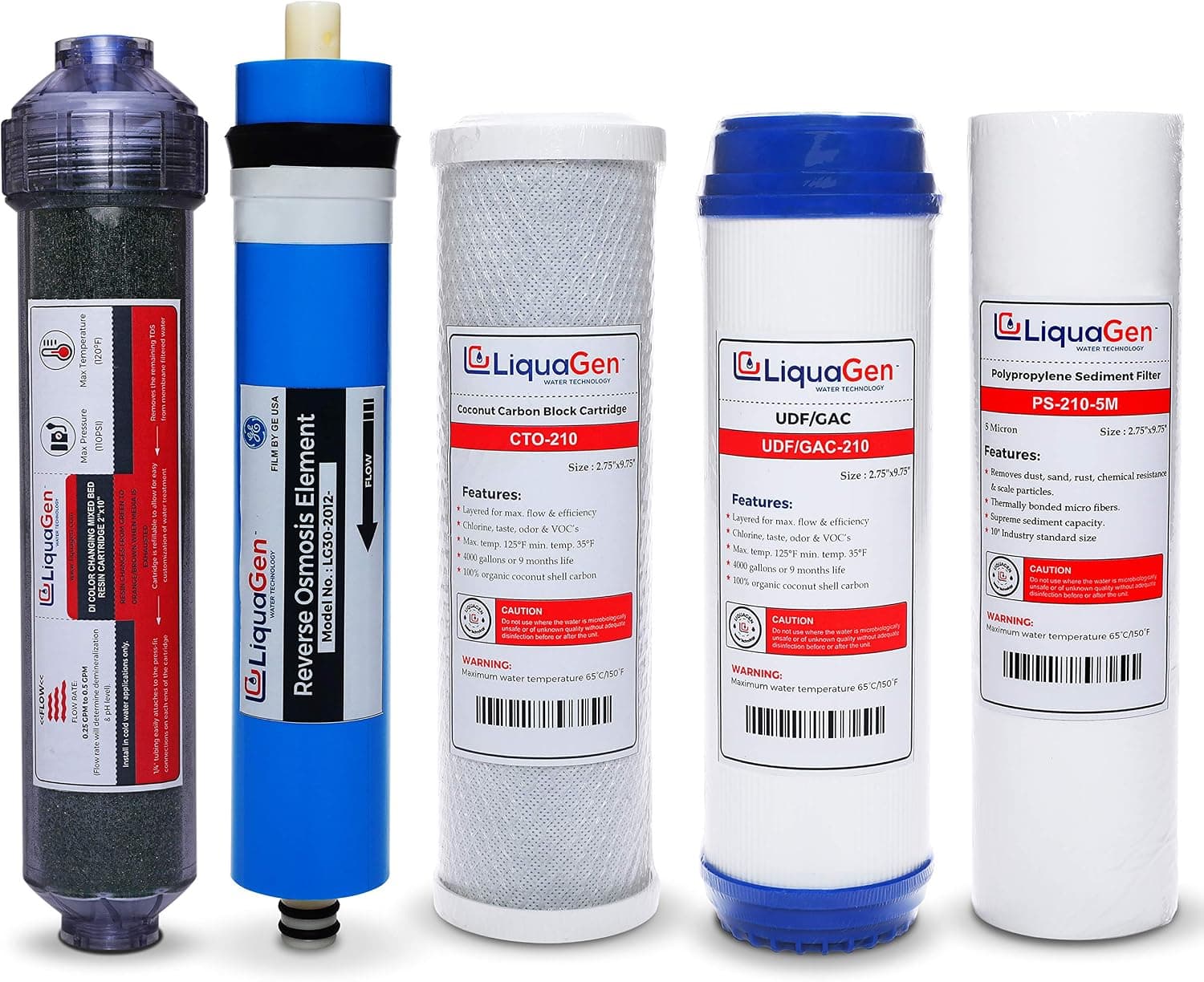 LiquaGen- 5 Stage Reverse Osmosis Deionization (RODI) Complete Replacement Water Filter Kit (75 GPD)| For 0 TDS Water | Reverse Osmosis Water Purifier Set for Aquariums, Fish Tanks, Coral Reefs & More