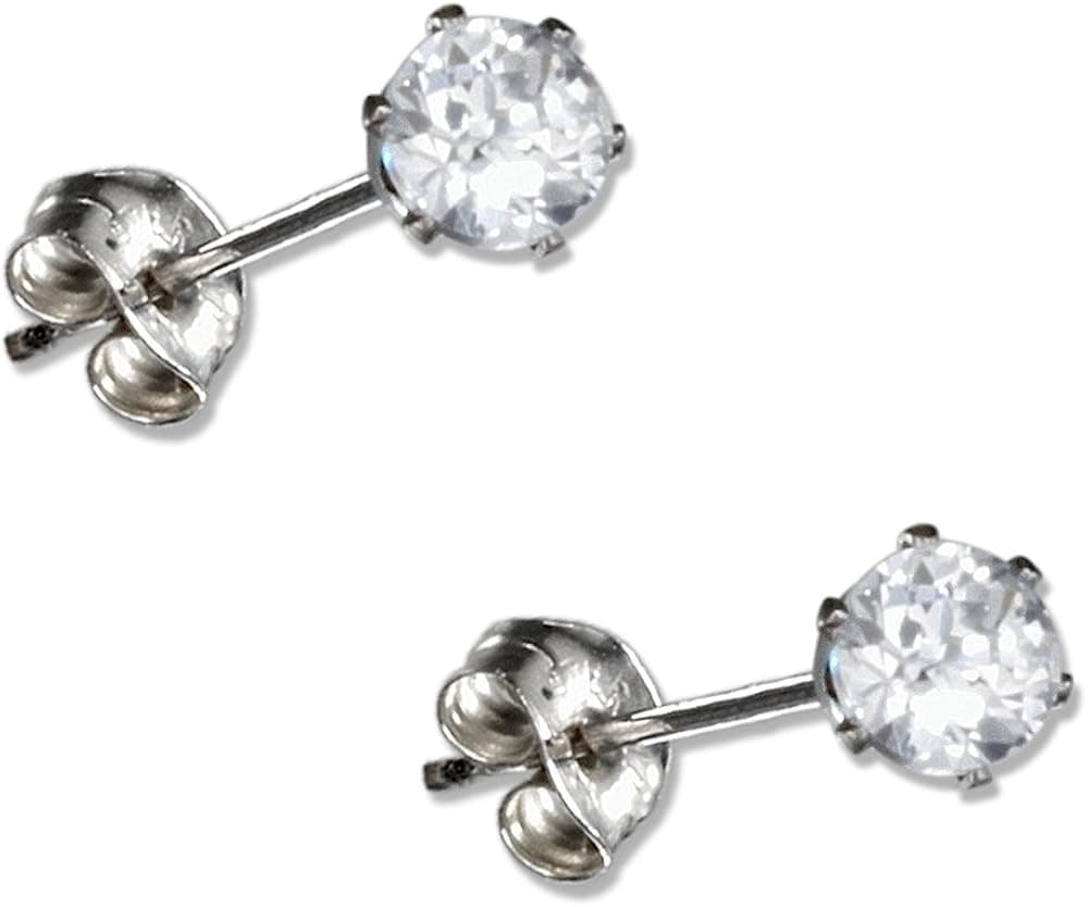 Stainless Steel Metal 4mm Round Clear Cubic Zirconia Post Earrings