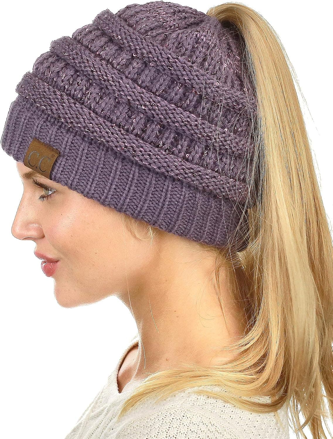 C.C BeanieTail Sparkly Sequin Cable Knit Messy High Bun Ponytail Beanie Hat