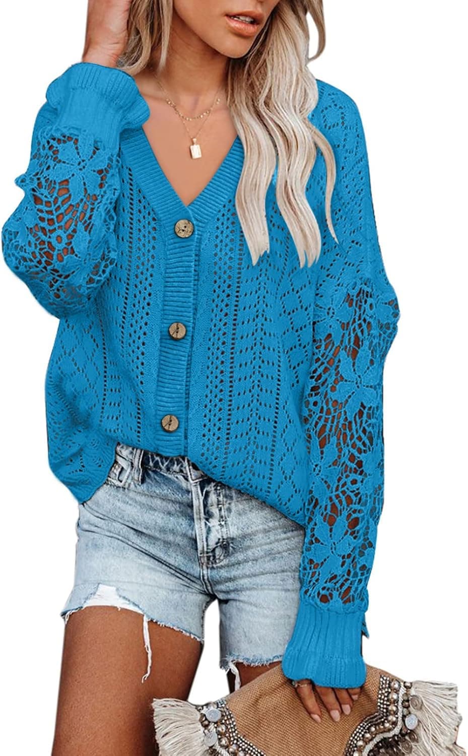 AlvaQ Womens Lightweight Lace Crochet Cardigan Sweater Kimonos Casual Oversized Open Front Button Down Knit Outwear