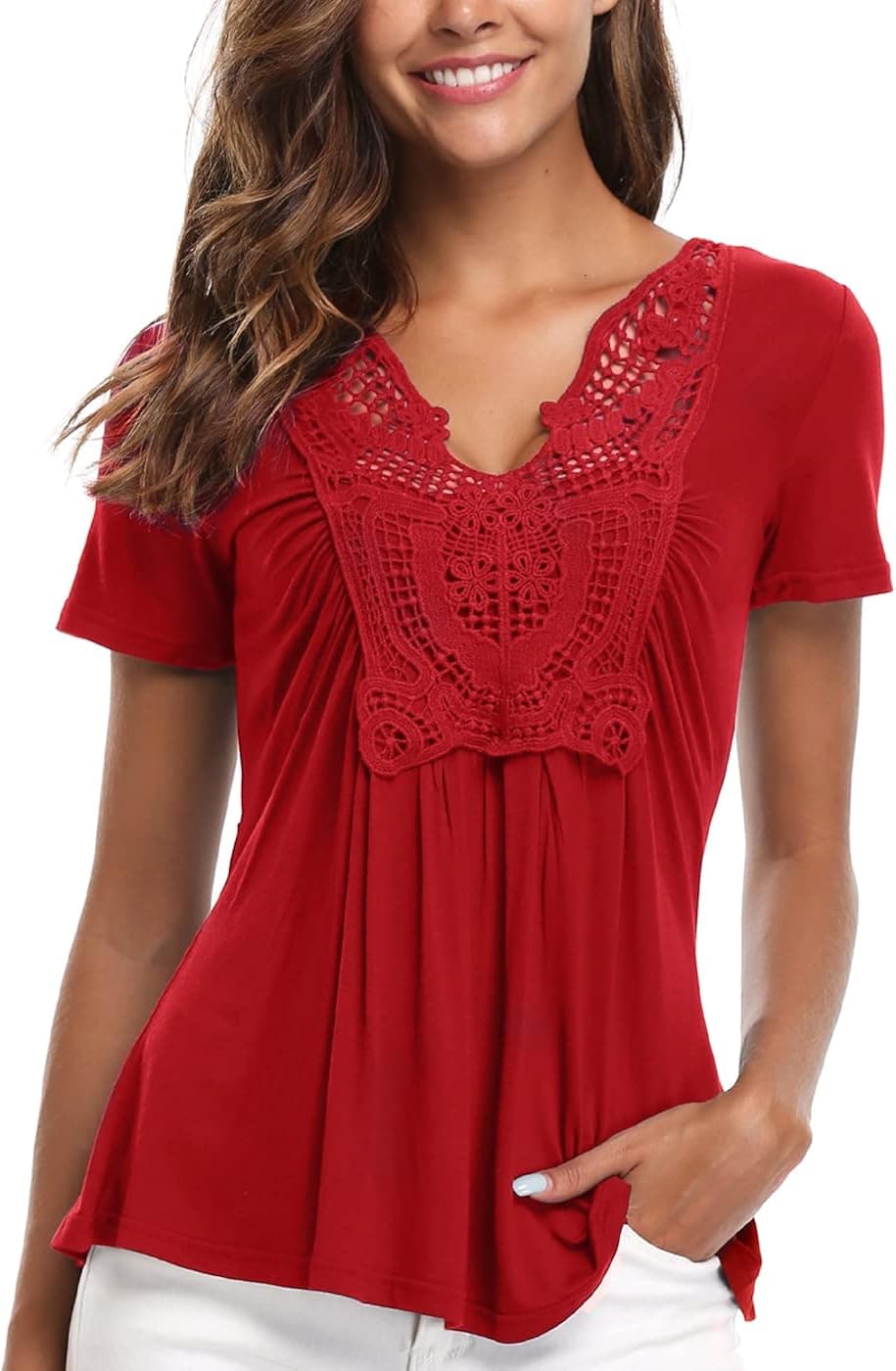 MISS MOLY Peasant Tops for Women Deep V Neck Lace Ruched Front Ruffle Short Sleeves Blouse Pleated Shirts