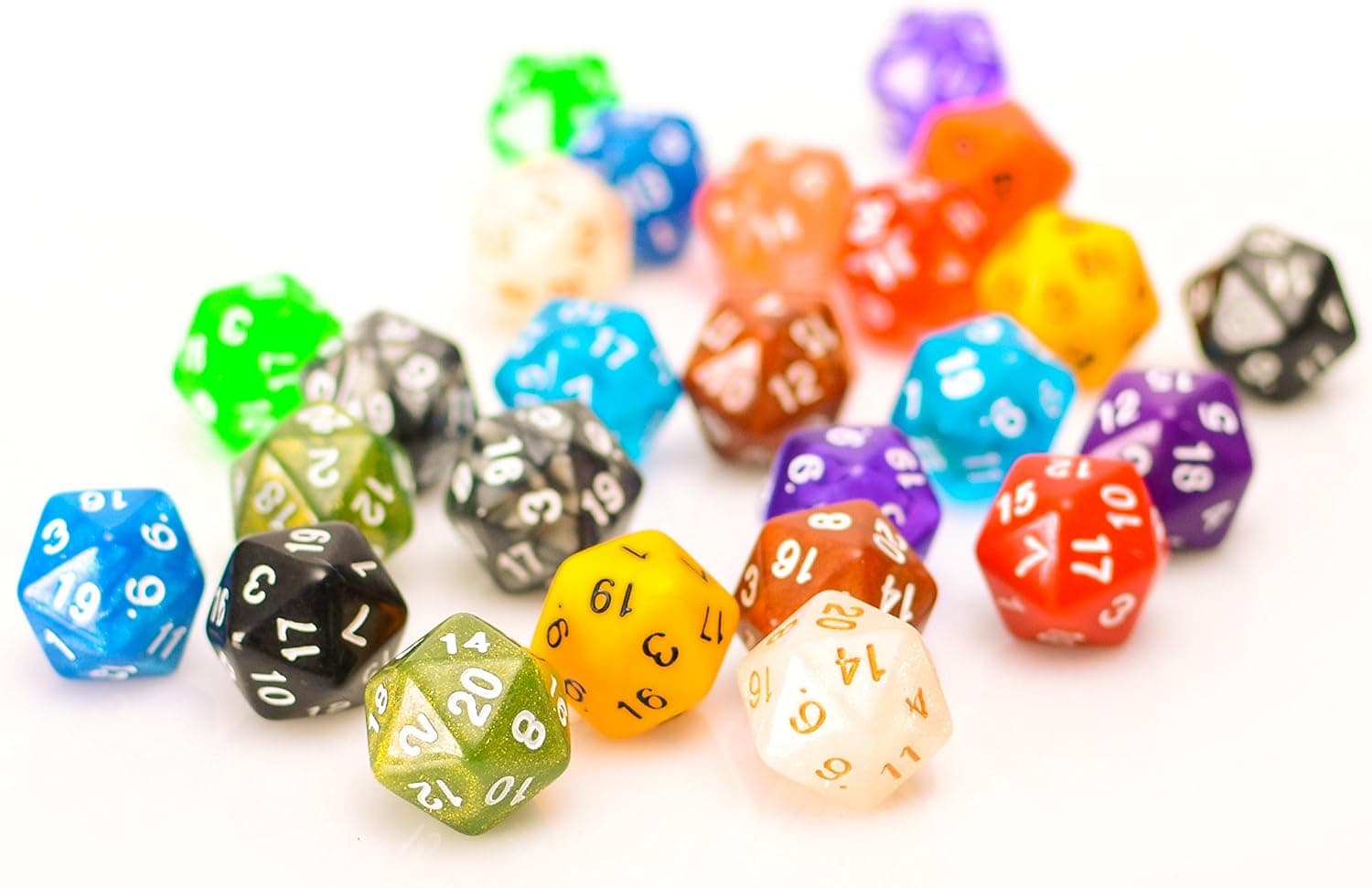 25 Count Assorted Pack of 20 Sided Dice - Multi Colored Assortment of D20 Polyhedral Dice
