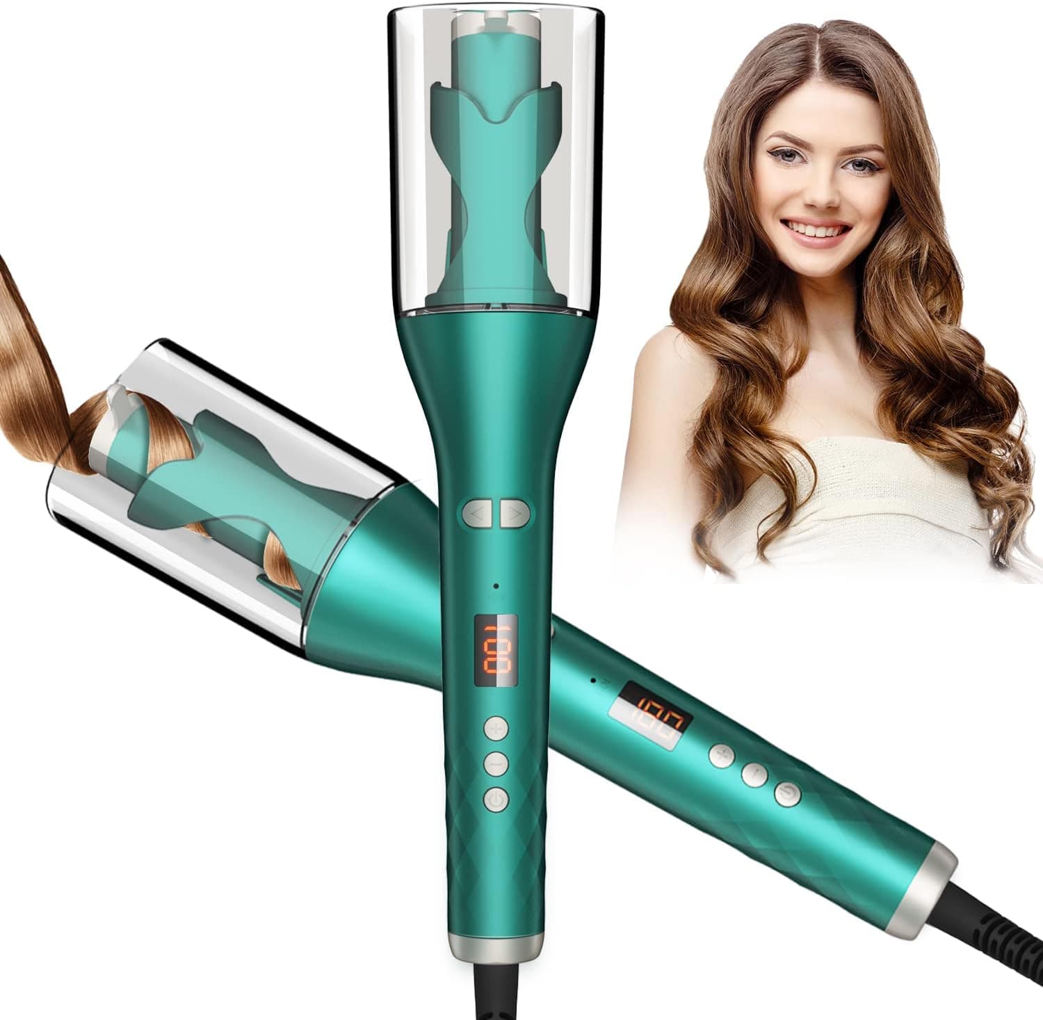 HOTMUZ Automatic Hair Curling Iron Wand with Rotating Ceramic Barrel & Negative-Ion,17 Temps & 2 Timers with Temp. LCD Display, Transparent Shell That Makes Curling Easily, Auto Shut-Off Hair Curler