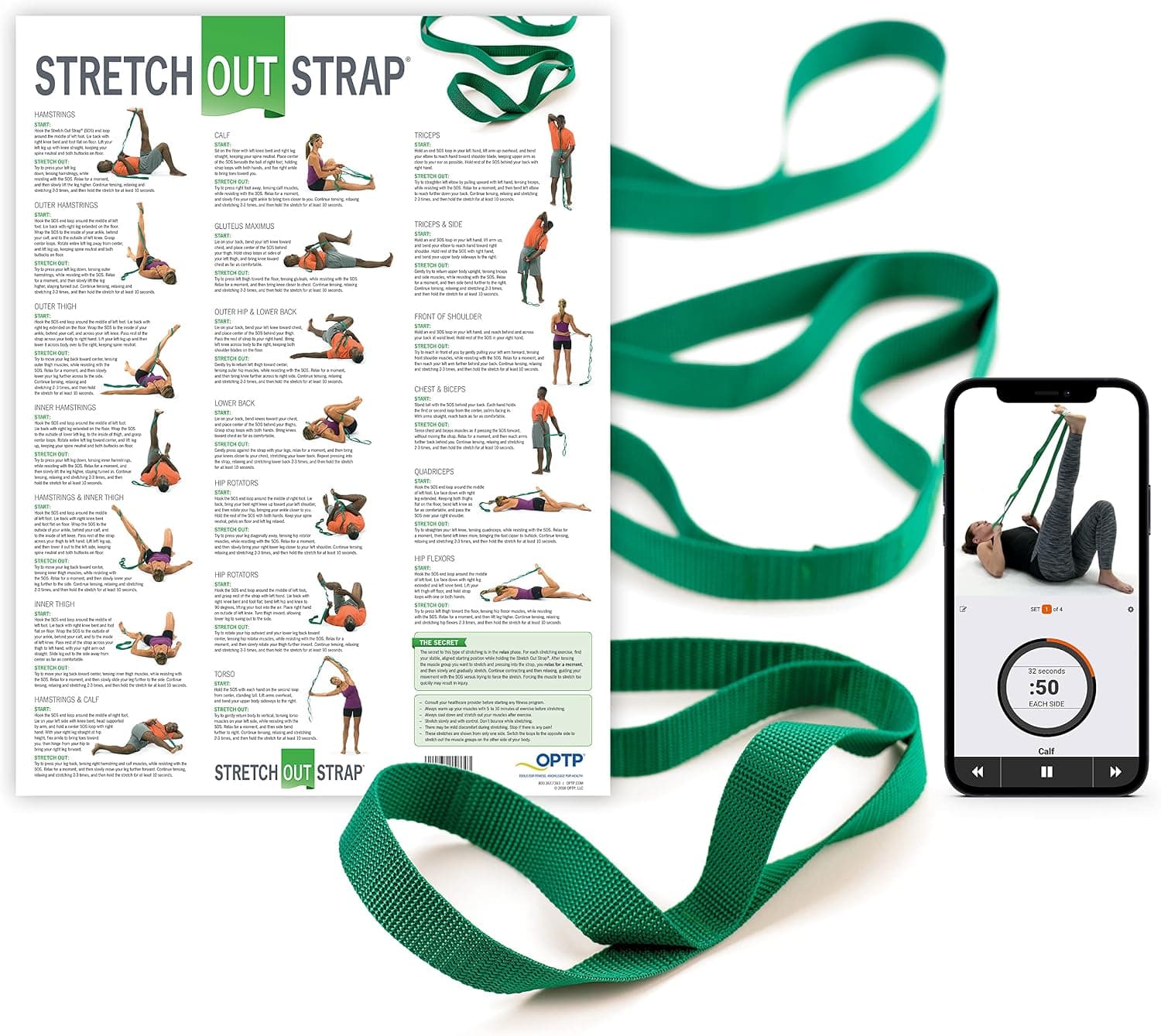 OPTP The Original Stretch Out Strap with Exercise Poster – Made in The USA Stretching Strap and Yoga Strap for Stretching, Physical Therapy Exercise and Flexibility