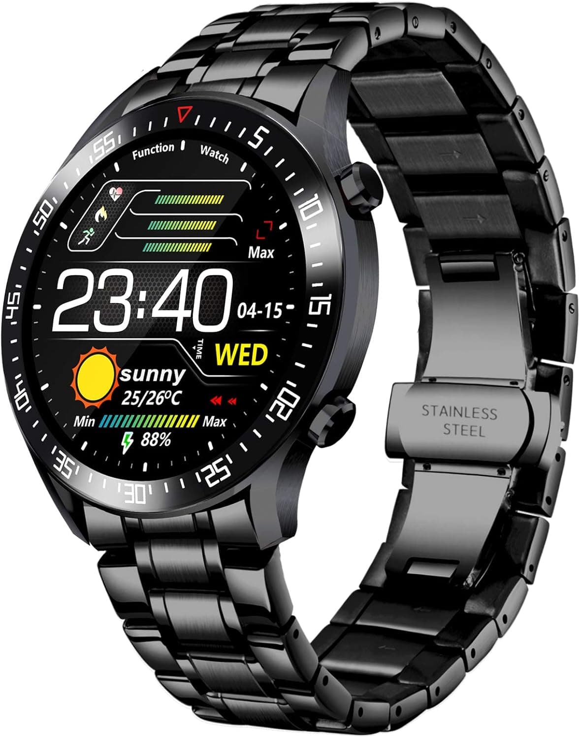 Smart Watch Men, 1.4 Inch Large Screen Fitness Tracker Watches with Blood Oxygen Health Monitor Pedometer for iPhone and Android Phones, Stainless Steel