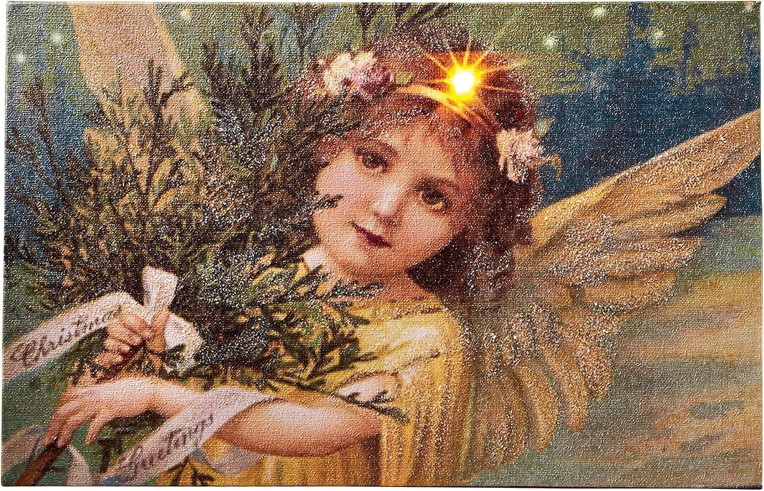 Design Toscano Victorian Christmas Angel Illuminated Canvas Wall Hanging, Full Color