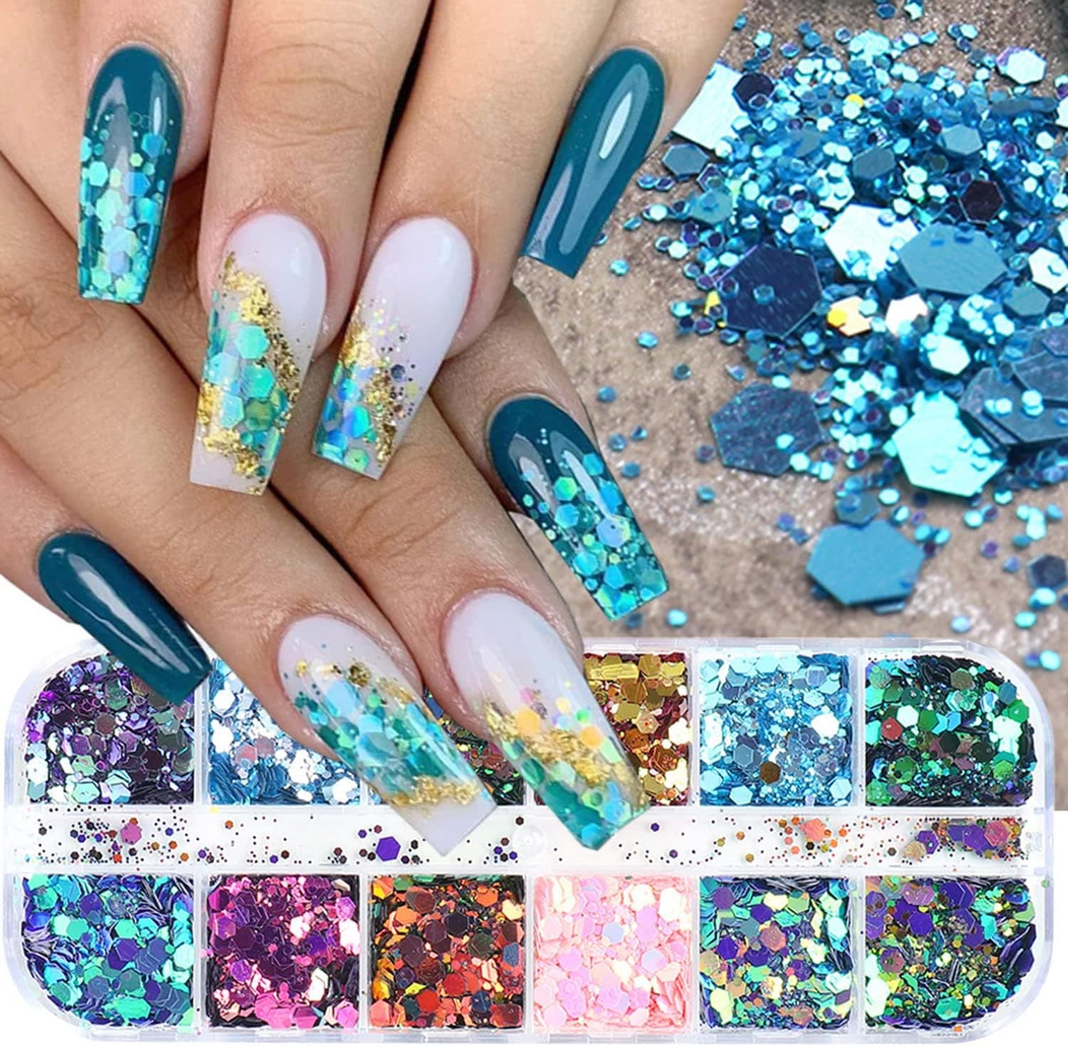 12 Colors Chameleon Nail Sequins Glitter Holographic Glitter Flakes Design Glitter Confetti Shapes Nail Supplies Mermaid Hexagon Nail Art Sequins for Women Girls Nail Glitters Decoration DIY Manicure