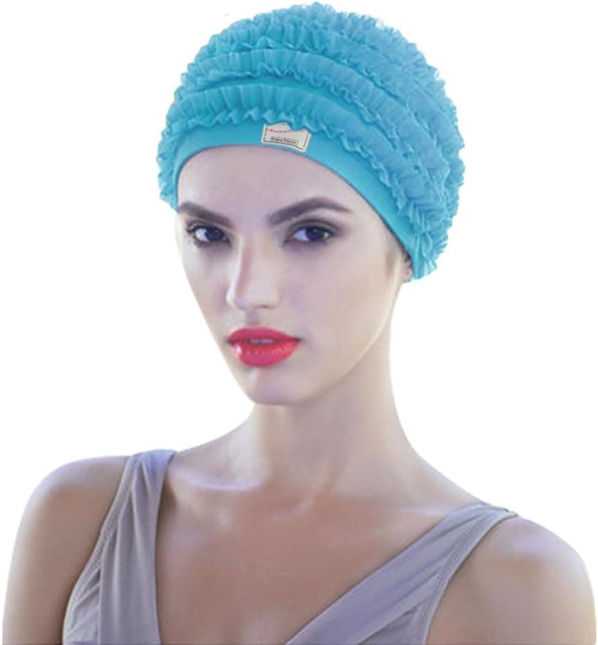 Greenery Women's Fashion Pleated Tiered Stretchy Breathable Swimming Cap Ladies Long Hair Quick Dry Swim Diving Cap Bathing Shower Cap Ear Wrap