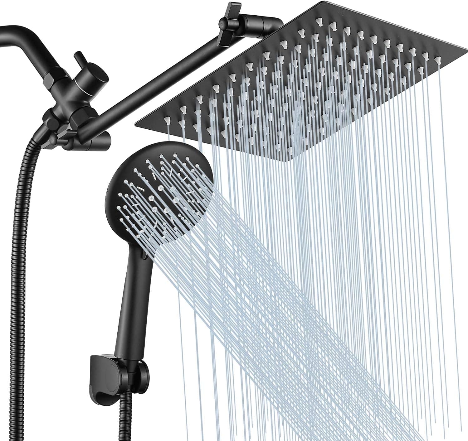 Shower Head Combo GGStudy 8 Inch High Pressure Rain Shower Head with 11 Inch Adjustable Extension Arm and 5 Settings Handheld Shower Head Combo with Hose and Holder Black