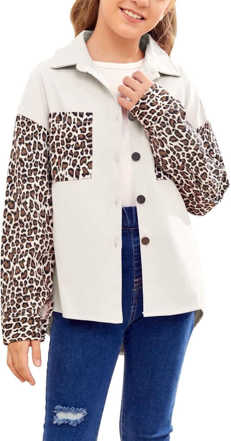 Loccysu Kids Girls Contrast Leopard Denim Lightweight Jacket Fashion Long Sleeve Button Down Shirts Oversized Blouses Outwear