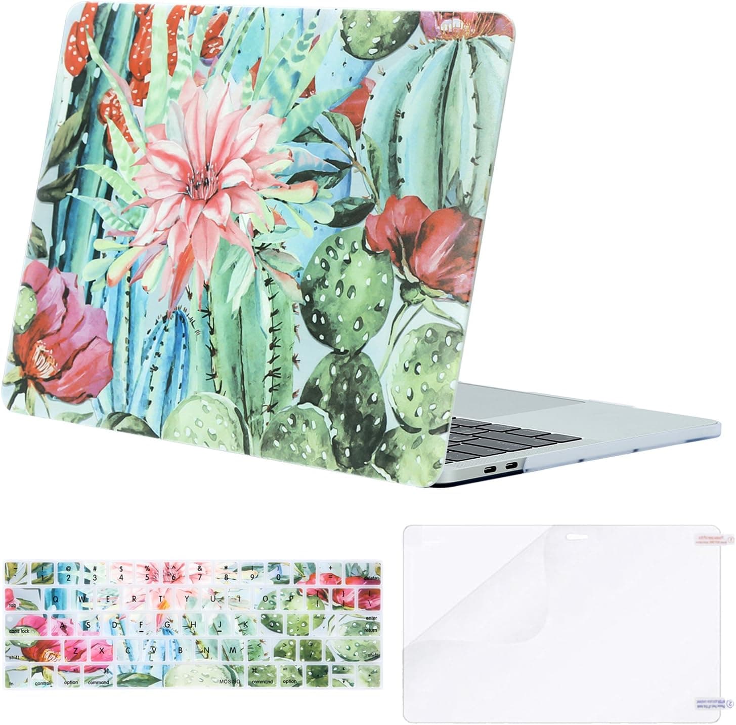 MOSISO MacBook Pro 13 inch Case 2019 2018 2017 2016 Release A2159 A1989 A1706 A1708, Plastic Flower Pattern Hard Case&Keyboard Cover&Screen Protector Compatible with MacBook Pro 13, Cactus
