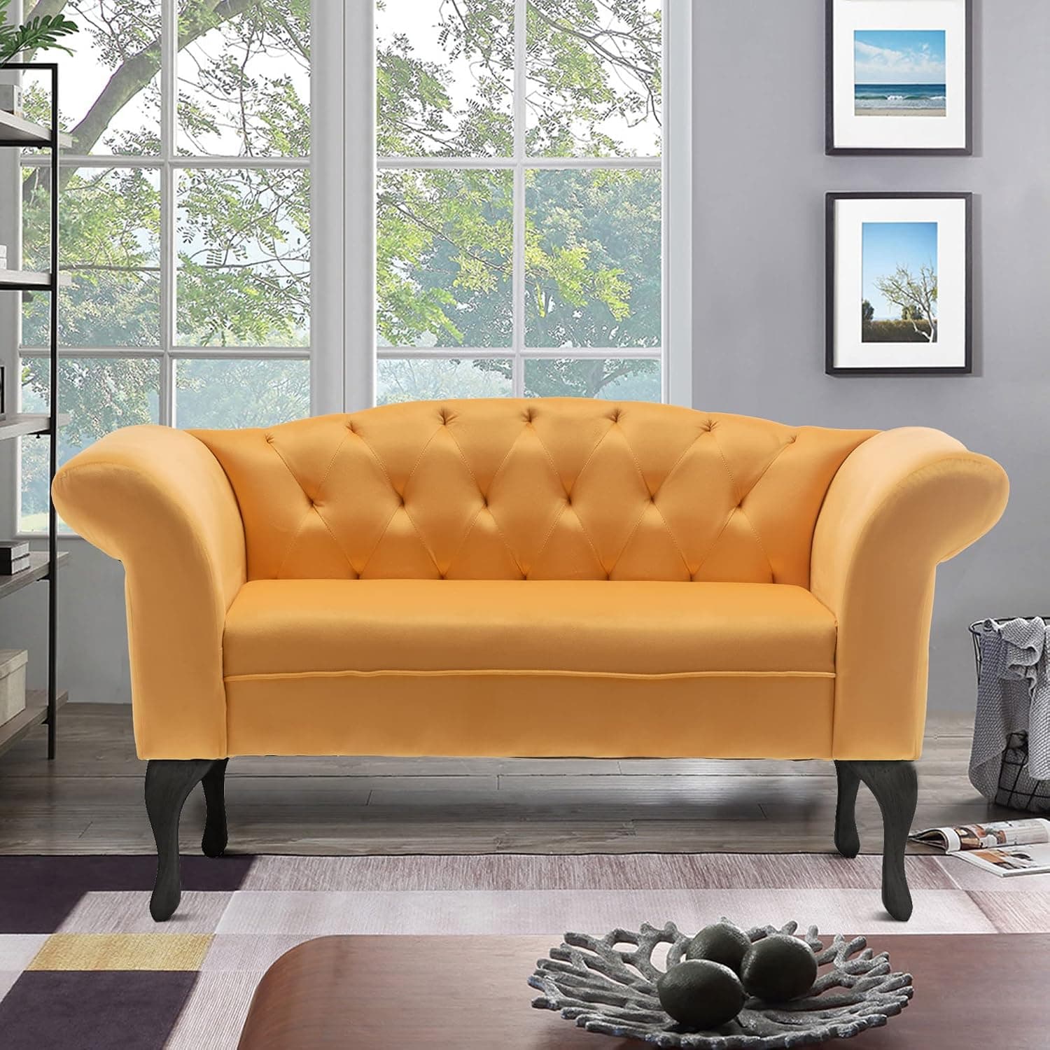 MIYZEAL 55-Inch Loveseat Sofa, Mid-Century 2 Seater Sofa Velvet Settee with Tufted Back, Modern Upholstered Couch Chair for Living Room Compact Space Apartment Bedroom (Yellow)