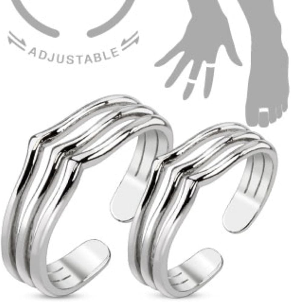 Freedom Fashion Polished Triple Lines Mid-Ring/Toe Rings Rhodium Plated Brass
