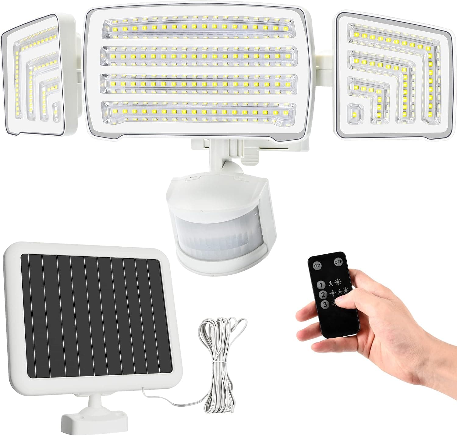 SOLPEX Solar Lights Outdoor, 1800LM 150 LED Solar Motion Sensor Flood Lights with Remote Control, 360° Wide Angle Illumination, 3 Adjustable Heads, 3 Modes, IP65 Waterproof Solar Security Lights