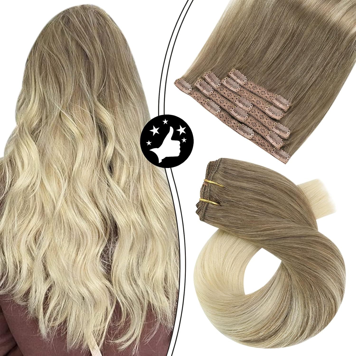 Moresoo 24inch Blonde Ombre Hair Extensions Clip ins 7Pcs 120Grams Clip in Hair Extensions Real Human Hair Balayage Balayage Natural Remy Human Hair