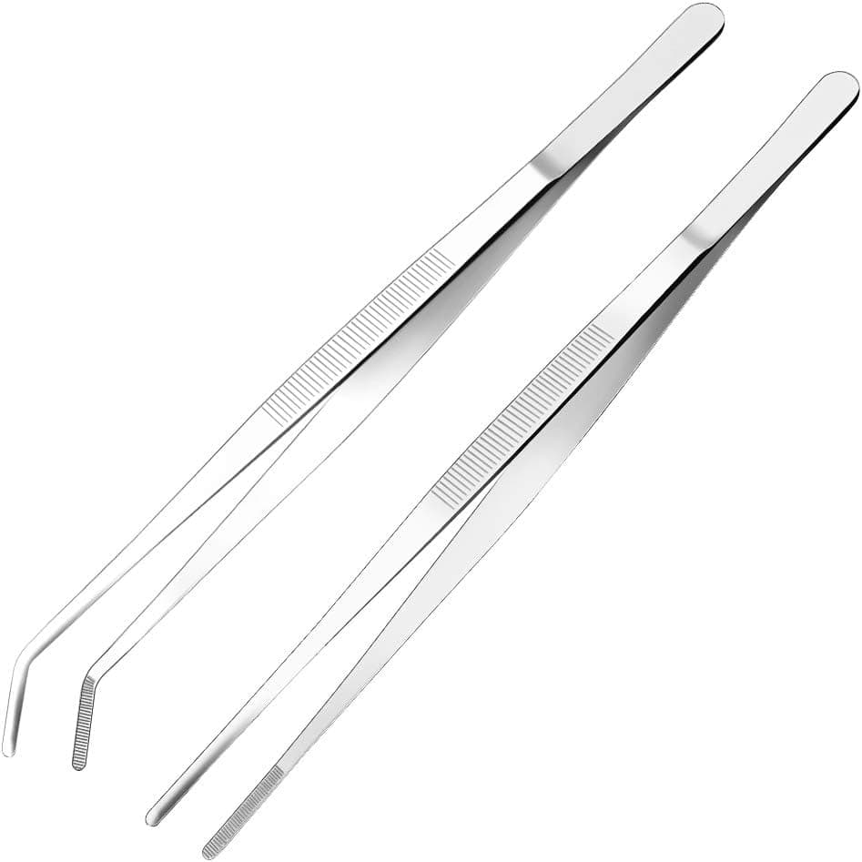 Cyimi Kitchen Tweezers Stainless Steel 12 Inch Long Tweezers Tongs, Heavy Duty large food tweezers with Precision Serrated Tips for Cooking and Medical (12" Straight+Curved)
