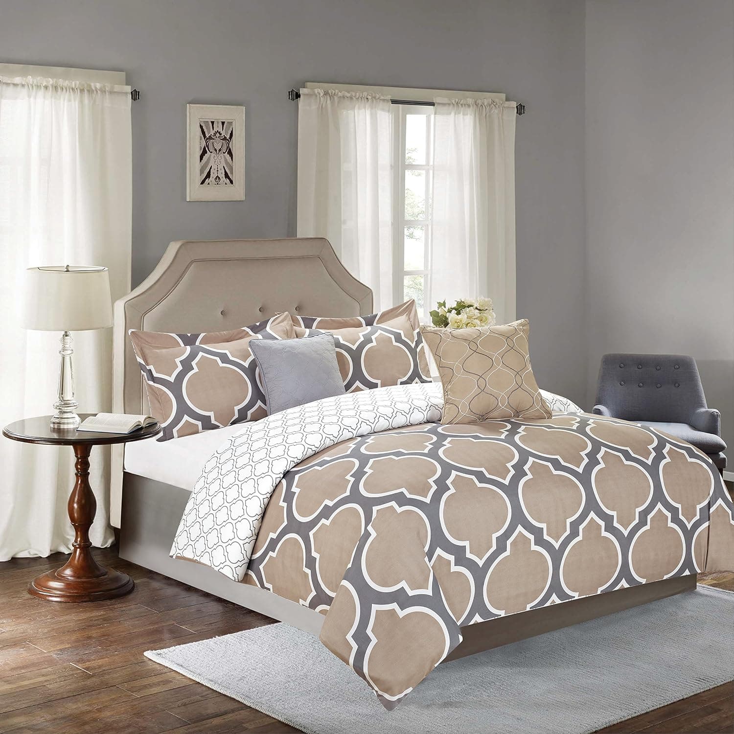 Sweet Home Collection 5 Piece Down Alternative Decorative Fashion Comforter Set, Queen, Natural/Gray