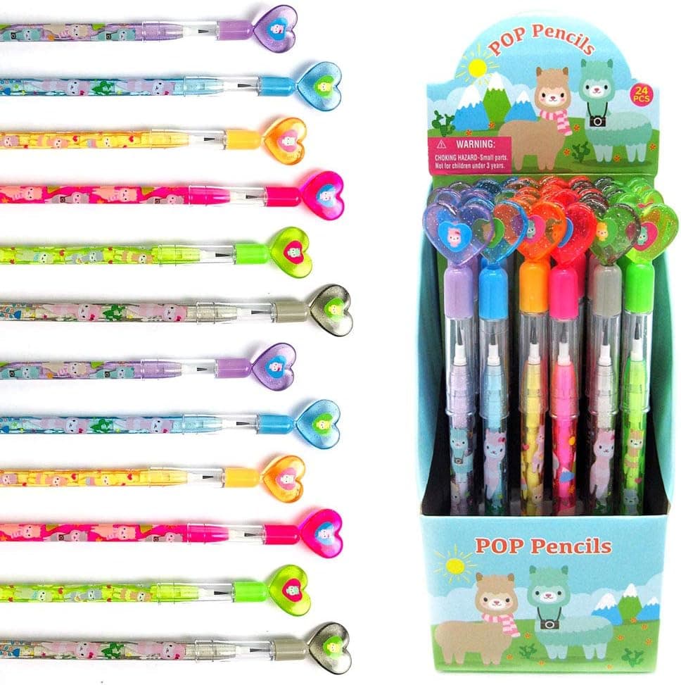 Tiny Mills 24 Pcs Llamas Multi Point Stackable Push Pencil Assortment with Eraser for Llamas Birthday Party Favor Prize Carnival Goodie Bag Stuffers Classroom Rewards Pinata Fillers