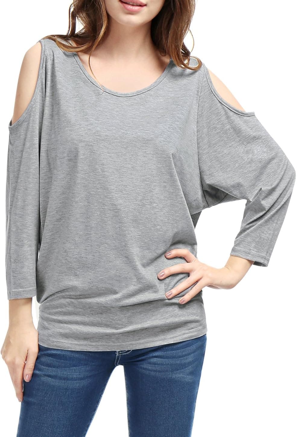 Allegra K Women Batwing Sleeve Cut Out Shoulder Loose Tops Casual T Shirts, Grey, Medium/US 10