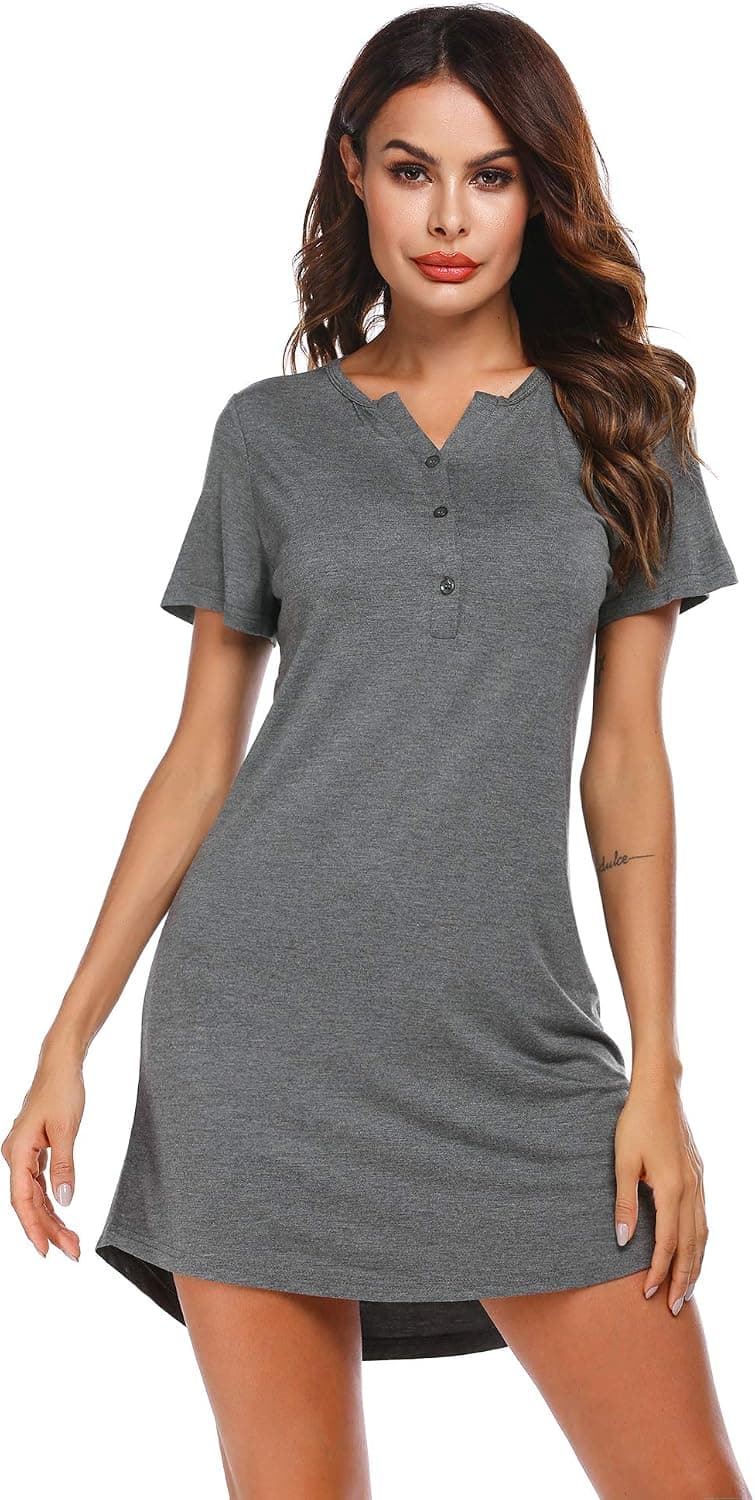 Ekouaer Women's Nightshirt Short Sleeve Button Down Nightgown V-Neck Boyfriend Sleepshirt Pajama Dress
