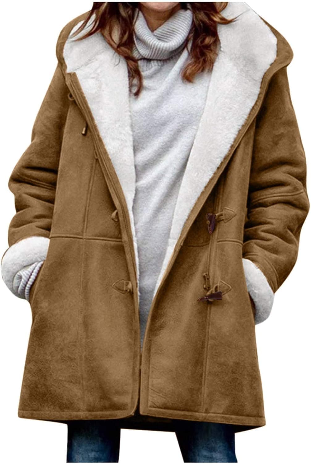 Women Fleece Lined Hoodie Overcoats Plus Size Horn Button Outdoor Jackets Warm Outerwear with Pockets