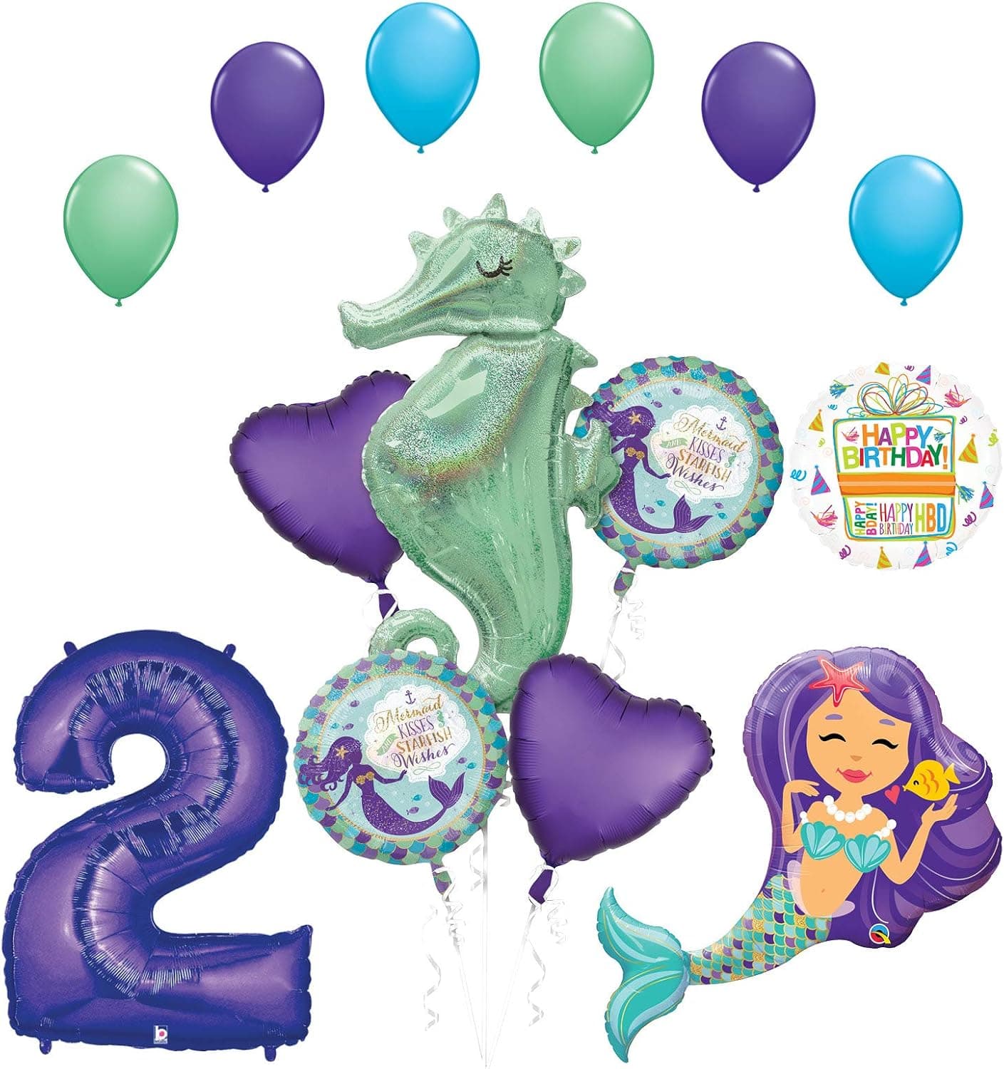Mermaid Wishes and Seahorse 2nd Birthday Party Supplies Balloon Bouquet Decorations