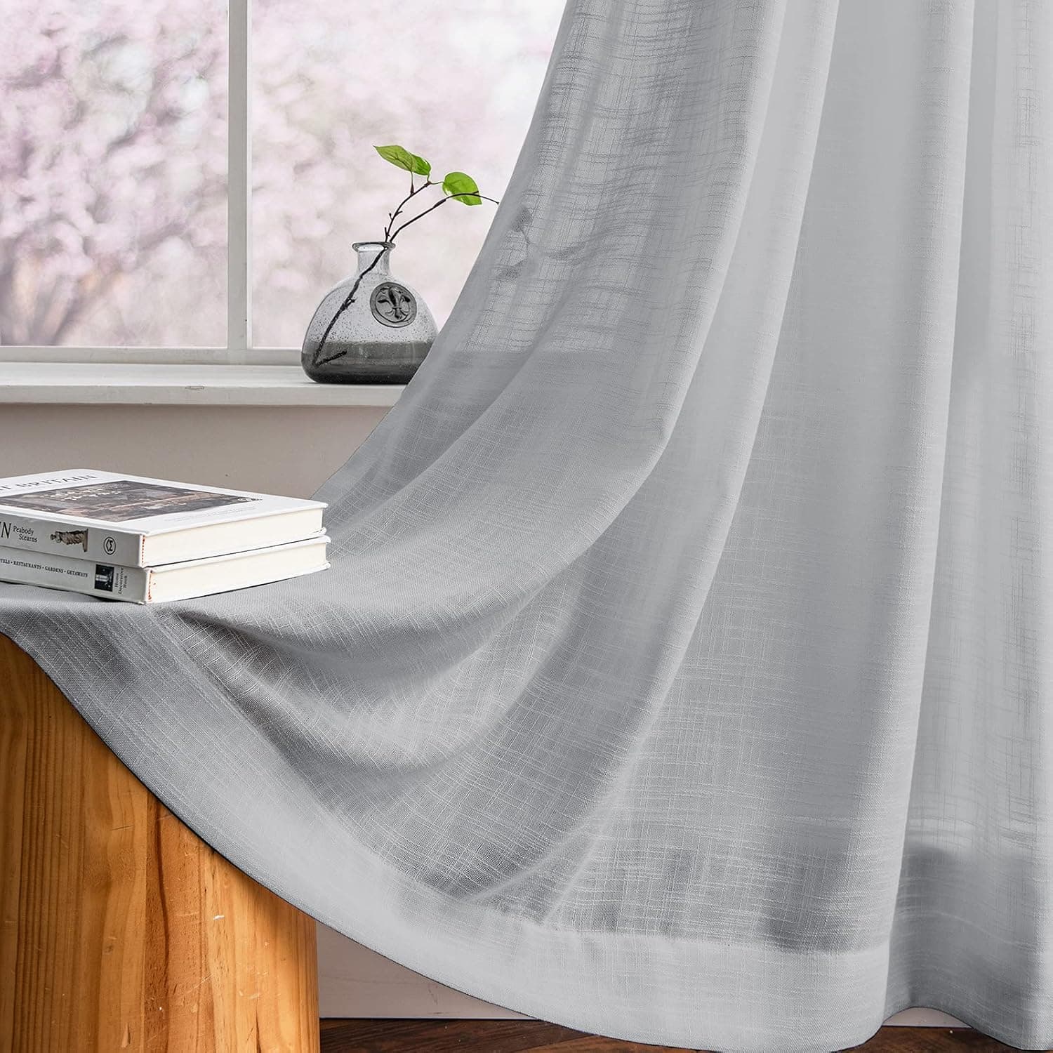 Melodieux Linen Texture Sheer Curtains 84 Inches Long for Living Room Bedroom, Light Filtering Rustic Voile Drapes Rod Pocket, Grey, 52 by 84 Inch (2 Panels)