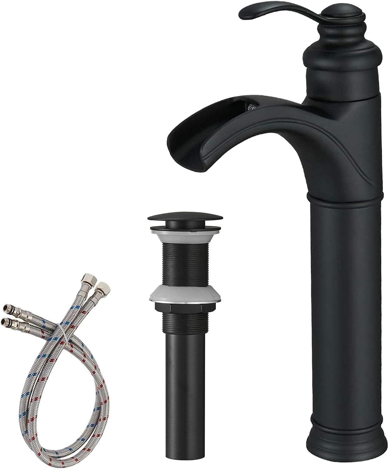 Matte Black Bathroom Faucet Single Hole Single Handle Waterfall Faucet for Bathroom Vessle Sink with Pop Up Drain Without Overflow and Supply Line Basin Vanity Bath Mixer Tap by BWE