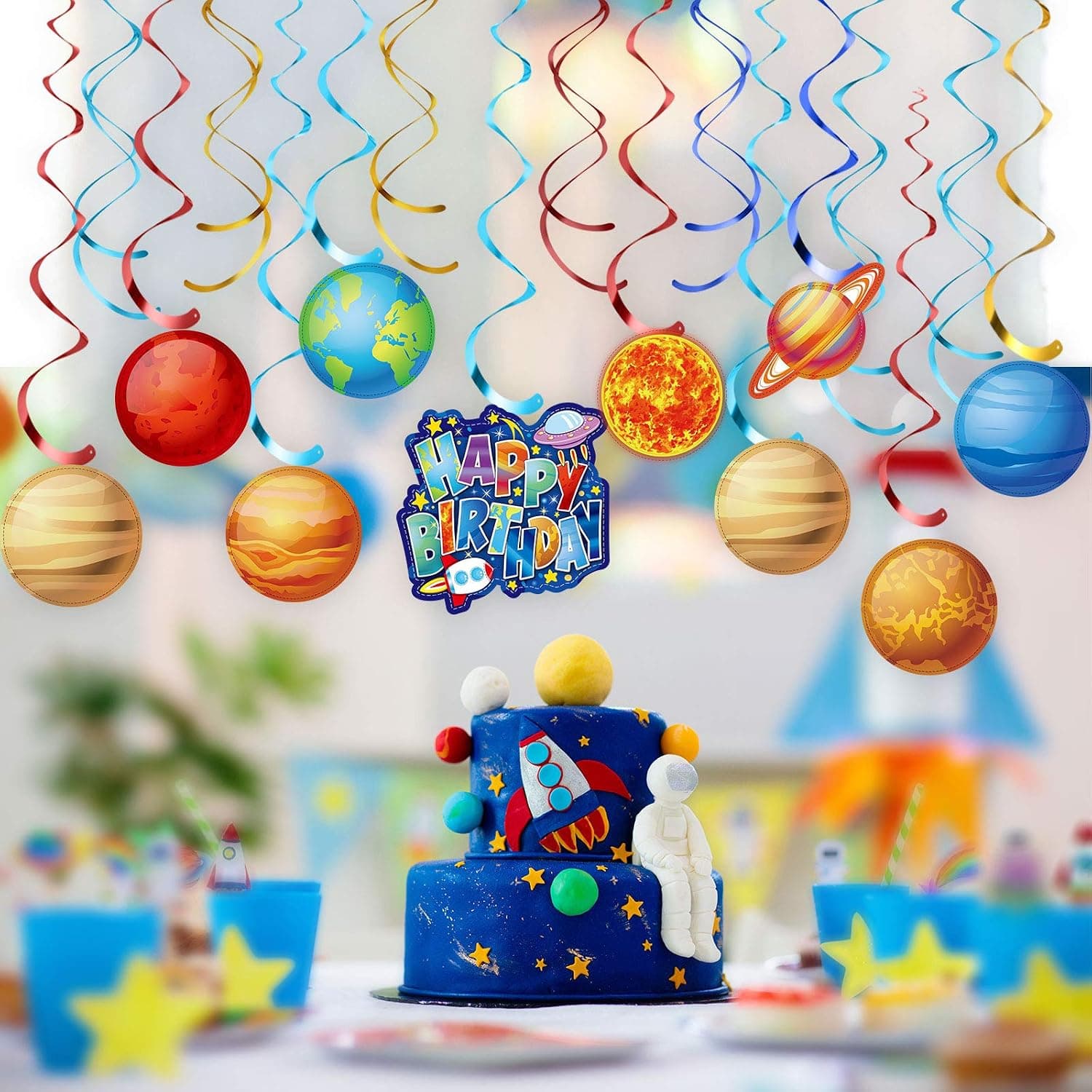 50 Pieces Solar System Party Decorations Space Planet Hanging Swirls Ceiling Decoration Universe Space Shiny Foil Swirls Hanging Decoration for Solar System Party Supplies Ceiling Decor