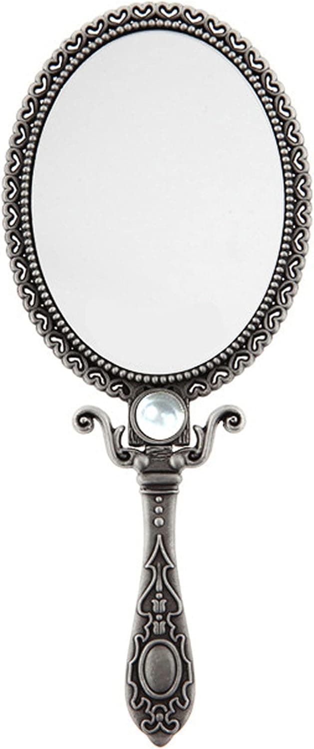 SEHAMANO Vintage Double Sided Handheld Makeup Metal Mirror / Decorated with Pearl / Folding Handle / Portable and Durable Hand Mirror (Matt Grey (Tin))