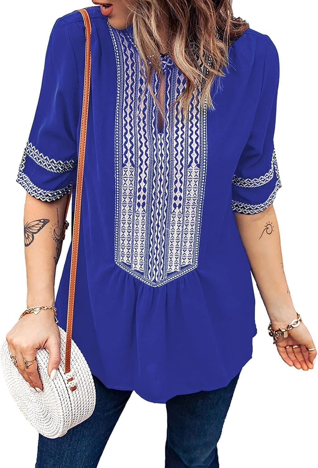 Chase Secret Womens Casual V Neck Shirt Boho Embroidered Print Short/Long Sleeve Tops Loose Blouse (S-XXL)
