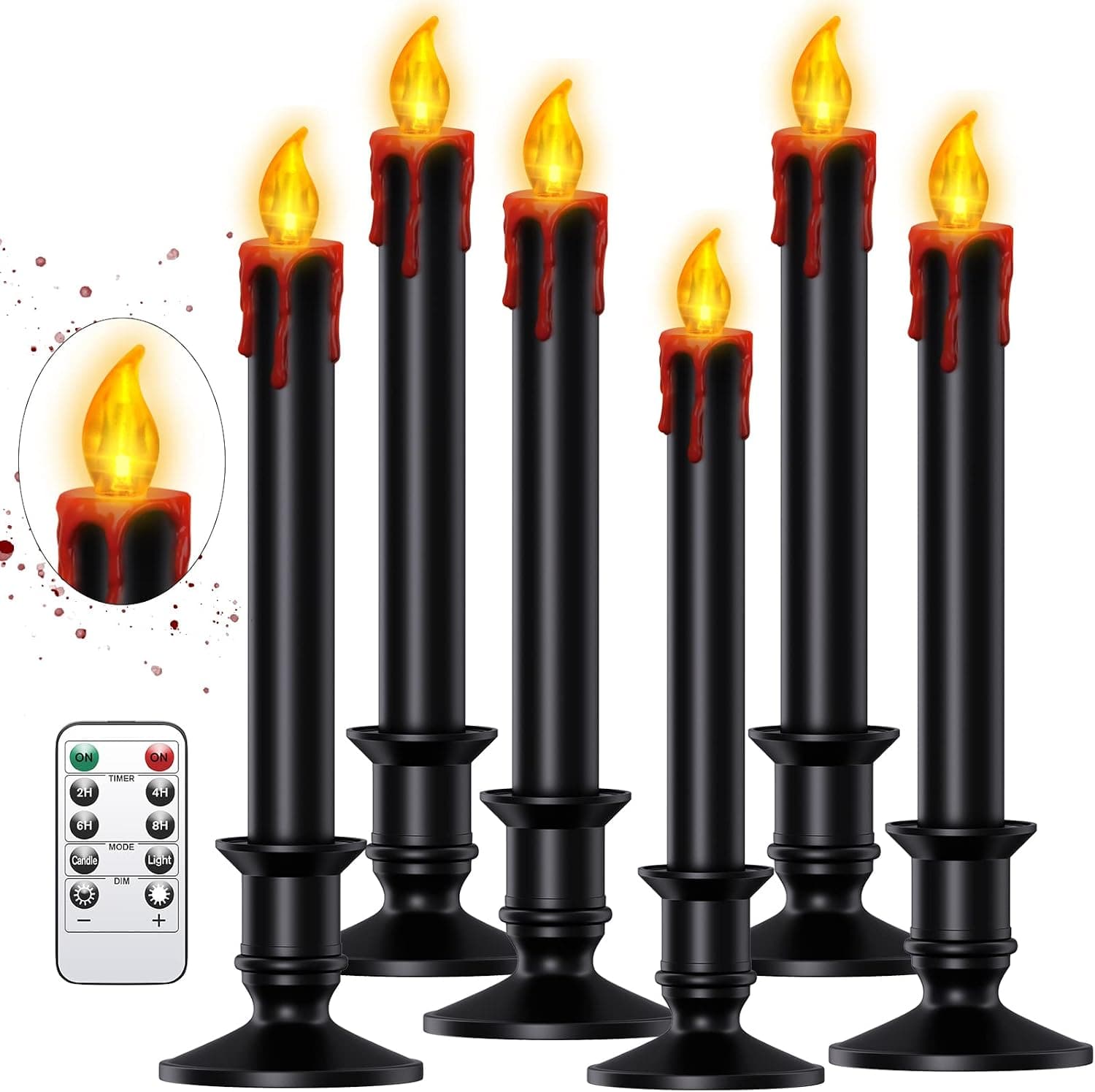 6 Pack Black Flameless Candles Christmas Light Bleeding LED Candles Flickering Flame Tea Lights with Bases Sucker Window Floating Decor Remote Timer-Gothic Rituals Holiday Decor Theme Party