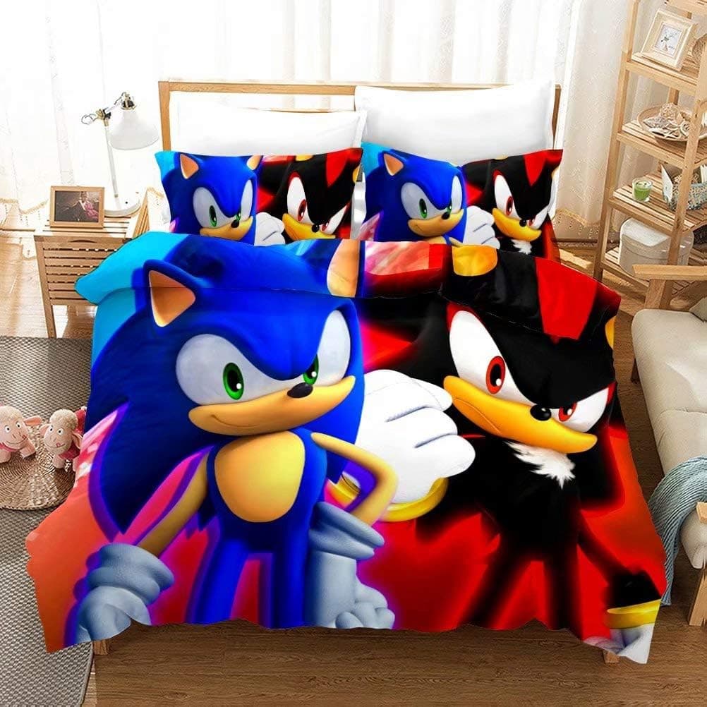 Siyarar Kids Sonic The Hedgehog Bedding Sets for Boys Twin Size 3 Pieces Duvet Cover Bed Set 3D Cartoon Theme Comforter Cover Blue Red Black S1