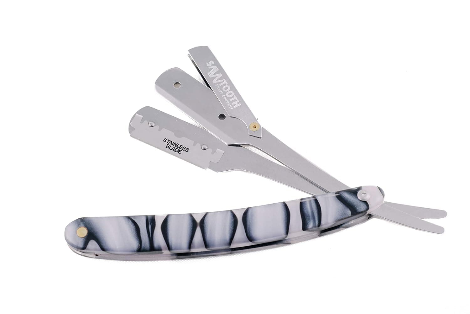 Straight Razor with Unique Acrylic Handle by Sawtooth Shave Co, Includes Carrying Case, 10x Replaceable Blades, Silver Blade