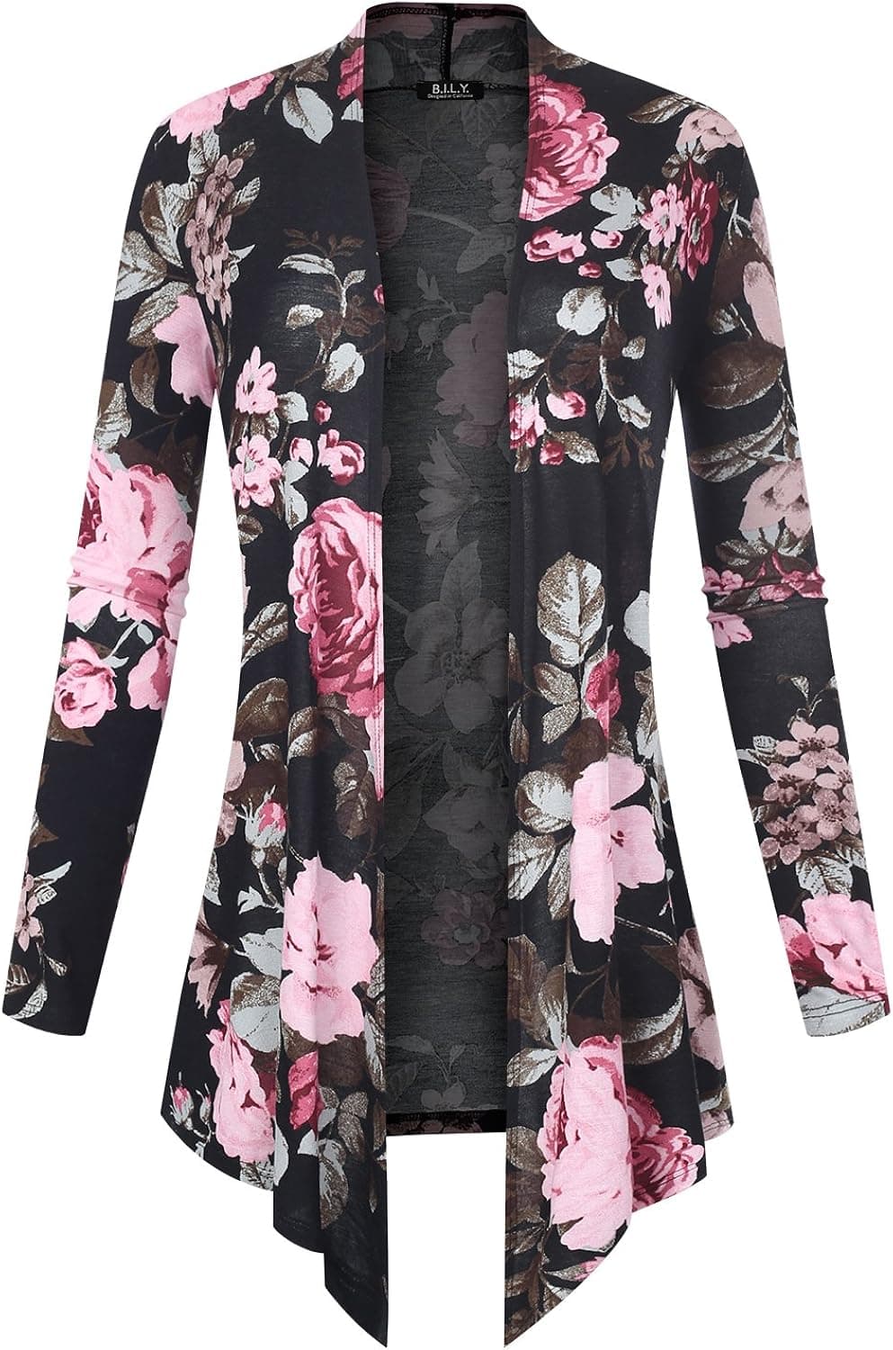 BH B.I.L.Y USA Women's Open Front Drape Hem Lightweight Cardigan Floral Print 61140 Black XXX-Large