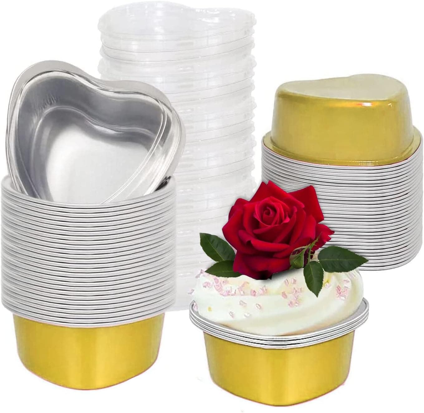 50 Pack Heart Shaped Cake Pans for Baking with Yellow Petals Aluminum Cupcake Cups with Lids, 100ml/3.5Ounces Yellow Disposable Mini Foil Pans for Valentine's Day Wedding Parties (3.5Ounces, Yellow)
