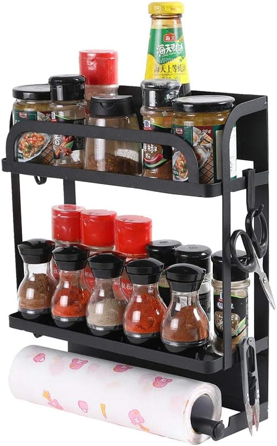 YCOCO Magnetic Spice Rack Organizer 2 Tier Refrigerator Storage Shelf with Paper Towel Holder and Removable Hooks,Magnetic Paper Towel Holder Rack,Black