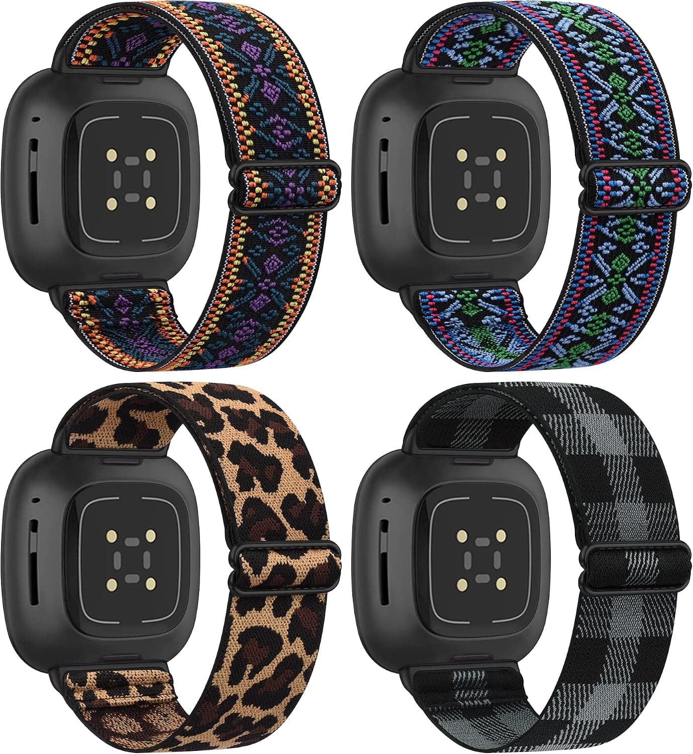 4 Pack Elastic Bands Compatible with Fitbit Versa 3 Bands / Fitbit Sense Bands, Adjustable Soft Stretchy Loop Breathable Straps for Fitbit Versa 3 (Boho Purple, Boho Green, Leopard, Black Gray Plaid)