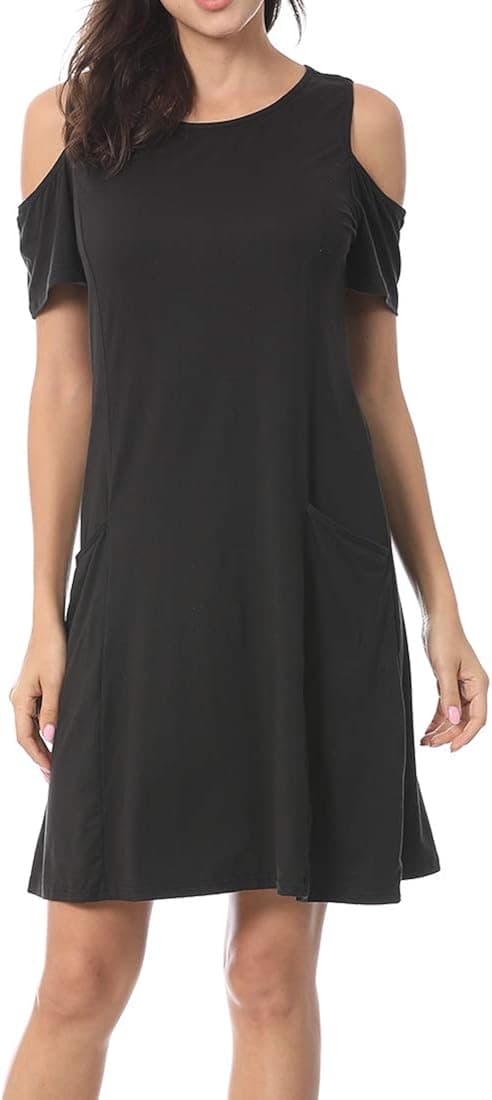 HIGHDAYS Summer Dresses for Women with Pockets Cold Shoulder Loose Swing Casual T Shirt Dresses for Women Black