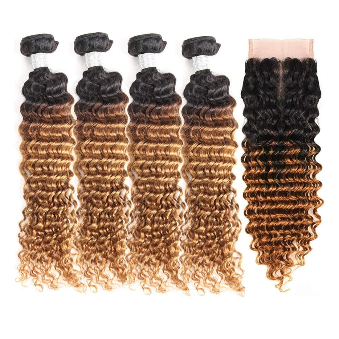 Brazilian Ombre Deep Wave Human Hair Bundles with Closure Two Tone Deep Wave Human Hair 4 Bundles with Lace Closure(20 20 20 20+16)